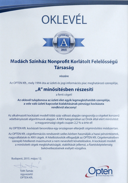 Kíváló minősítést kapott a Madách Színház